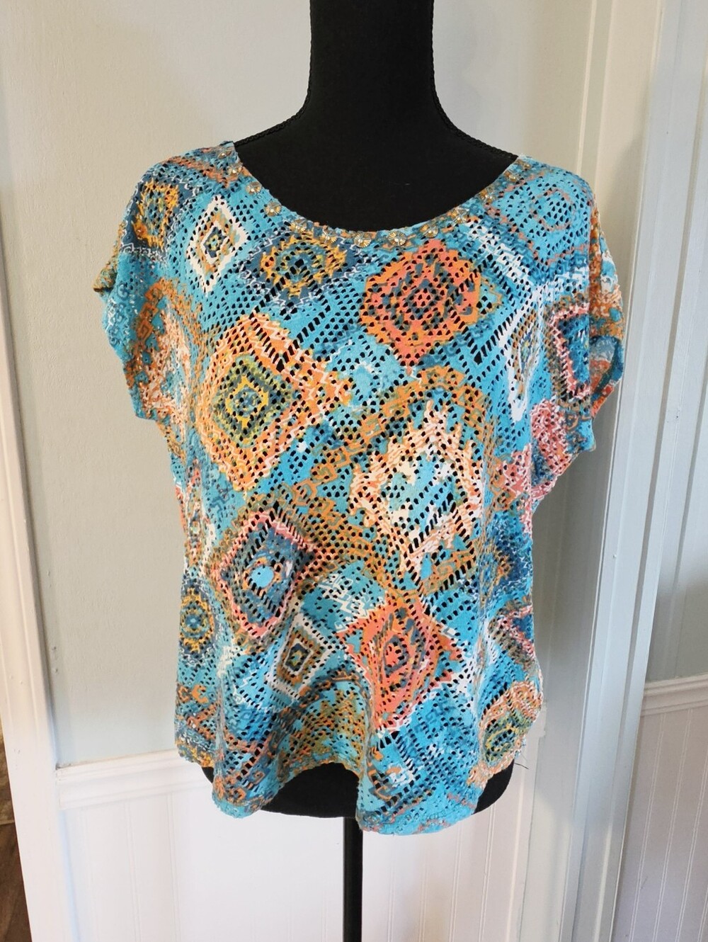 4/$15๐ขโขRuby Rd. Turquoise Multi-Color Short Sleeve Top - Picture 2 of 5